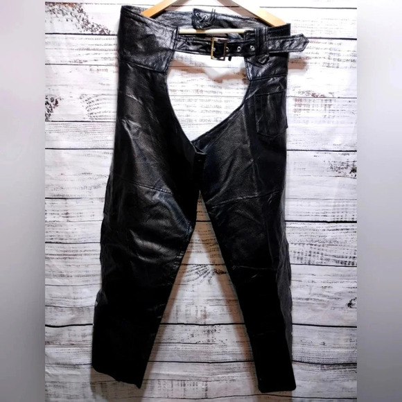 Diamond Plate Buffalo Leather Chaps Black size XL Motorcycle Biker Harley Moto - Picture 1 of 7